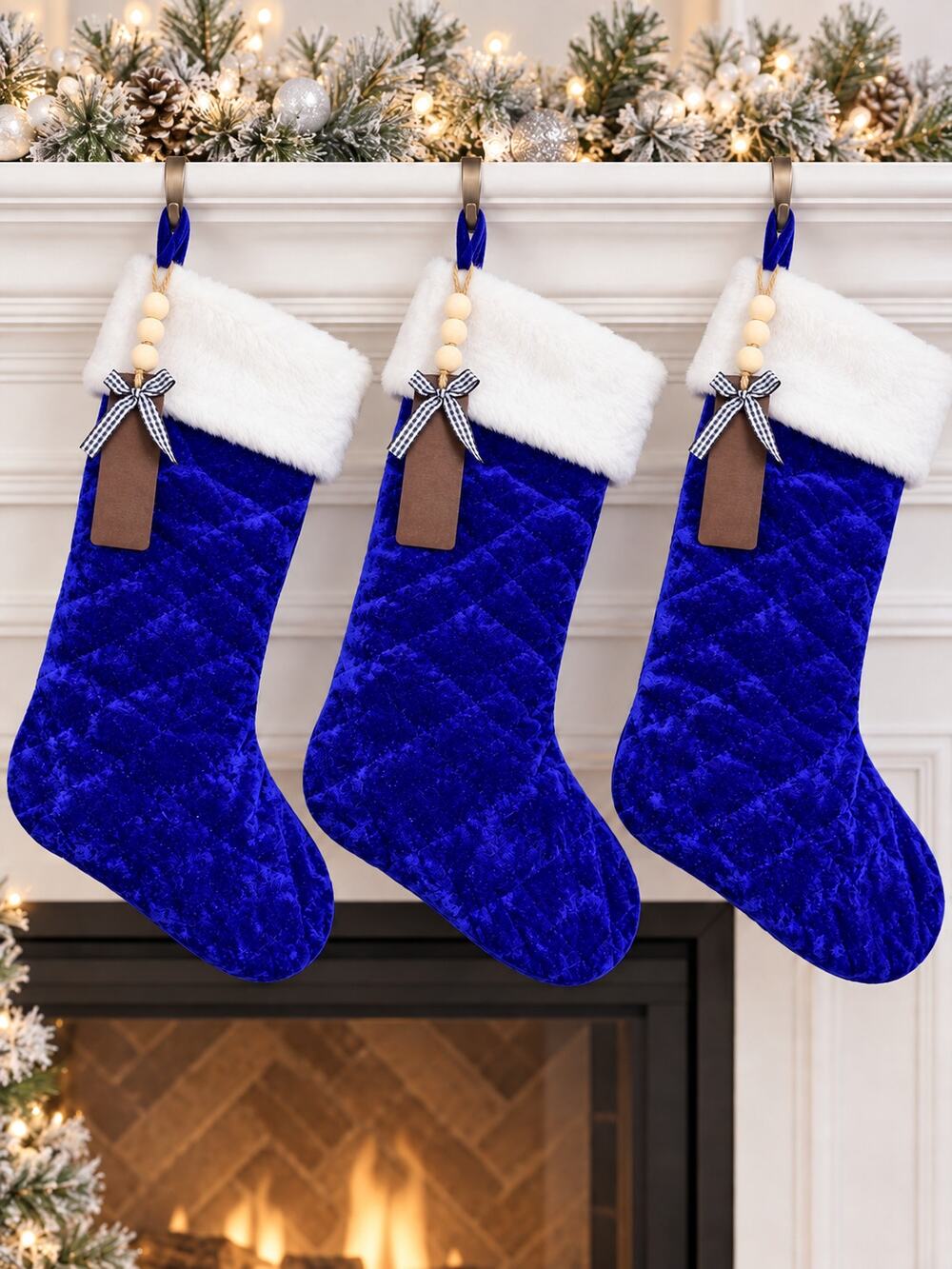 Blue Velvet Christmas Stockings 18" and Wooden Tags Set of 3